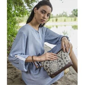 Myra Bag Summer Mist Pouch Wristlet Brown & White Boho, Farm House, Shabby Chic